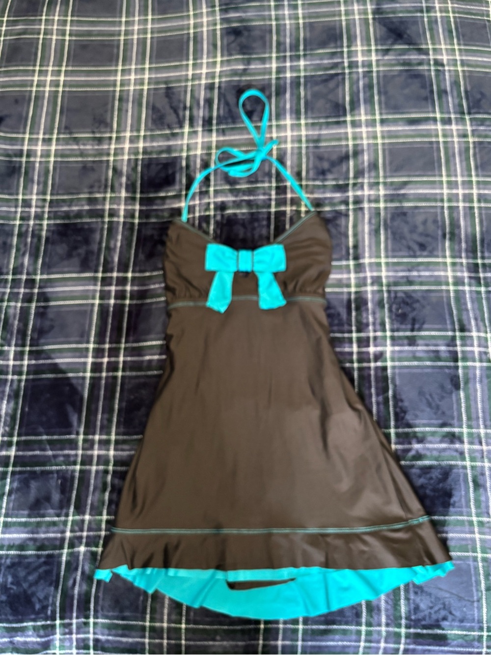 Eco swim Black&teal halter neck babydoll style swimsuit w/bow detail.Size 16